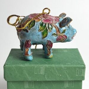 Imperial‎ Enamel Blue Floral Pig Ornament Cloisonne Floral Intricate Design Rose